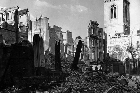 A view showing St. Mary's, Aldermanbury, surrounded by gutted buildings after the Luftwaffe's incendiary bombing blitz during WWII. 
