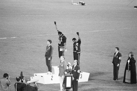 <p>Tommie Smith and John Carlos, gold and bronze medalists in the 200-meter run at the 1968 Olympic Games, engage in a victory stand protest against unfair treatment of blacks in the United States. With heads lowered and black-gloved fists raised in the black power salute, they refuse to recognize the American flag and national anthem. Australian Peter Norman is the silver medalist.<span class="redactor-invisible-space" data-verified="redactor" data-redactor-tag="span" data-redactor-class="redactor-invisible-space"></span>
</p><p><strong data-redactor-tag="strong" data-verified="redactor">RELATED: </strong><a href="http://www.redbookmag.com/life/news/a48951/kindergartner-recreated-iconic-women-black-history-month/" target="_blank" data-tracking-id="recirc-text-link"><strong data-redactor-tag="strong" data-verified="redactor">This Kindergartner Dressed Up As Iconic Black Women Every Day of Black History Month</strong></a></p>