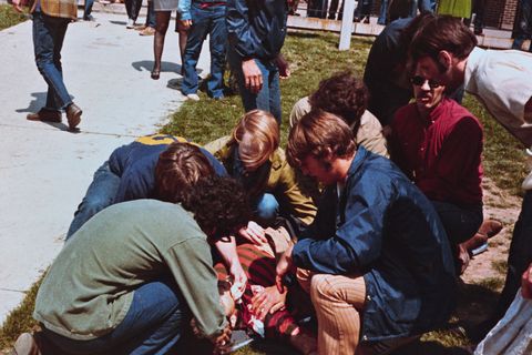 <p>Kent State University students demonstrate to protest the widening of the war in Southeast Asia. National Guardsmen open fire on the 1,000 students and four fall dead, including two young women. Eight others are wounded. National Guardsmen are shown approaching a school building as students watch, a student is shown bleeding on the ground, and a student on a stretcher is wheeled to an ambulance.<span class="redactor-invisible-space" data-verified="redactor" data-redactor-tag="span" data-redactor-class="redactor-invisible-space"></span></p>