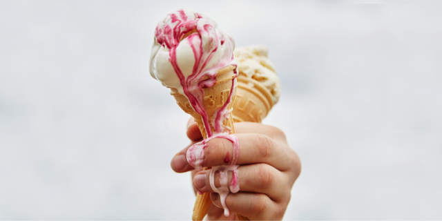 Ice cream, Frozen dessert, Gelato, Food, Pink, Ice cream cone, Soft Serve Ice Creams, Hand, Finger, Dairy, 