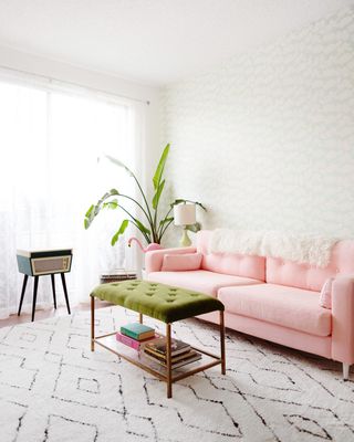 Furniture, Room, Coffee table, Living room, Pink, Floor, Table, Interior design, Yellow, Wall, 