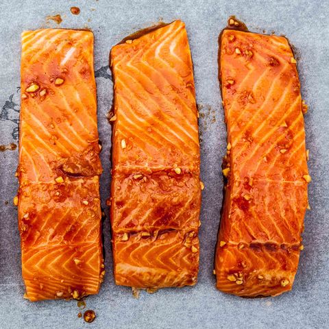 <p>Being super high-protein with no carbs, salmon is a great addition to your plate, says Gorin. "Three ounces of cooked Atlantic wild salmon provides about 25 grams of protein. You should aim to eat at least two 3.5-ounce servings of cooked fatty fish such as salmon each week," she says.&nbsp;When you eat the fish, you'll also be getting a dose of EPA and DHA omega-3s, which keep your heart healthy.<span data-redactor-tag="span" data-verified="redactor"></span></p>