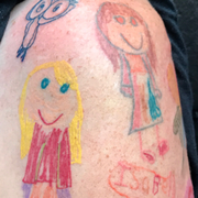 Skin, Arm, Tattoo, Flesh, Shoulder, Art, Illustration, Child art, Temporary tattoo, 