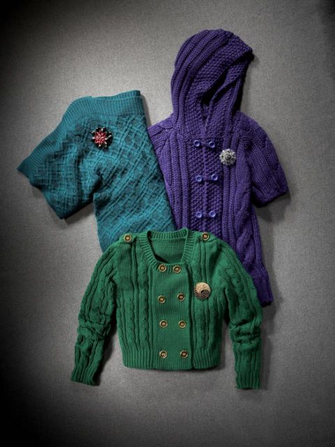 teal purple and green cable knit sweaters