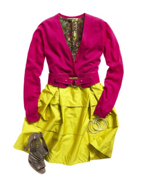 pink cardigan with yellow skirt