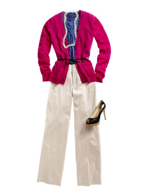 pink cardigan with blue top and white striped pants