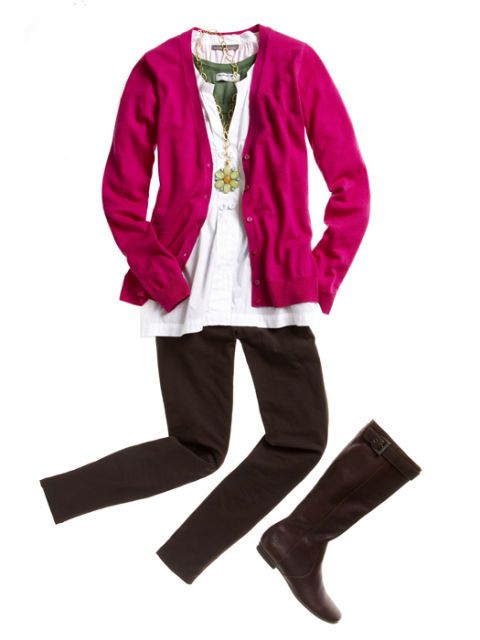 pink cardigan with white top brown pants and boots