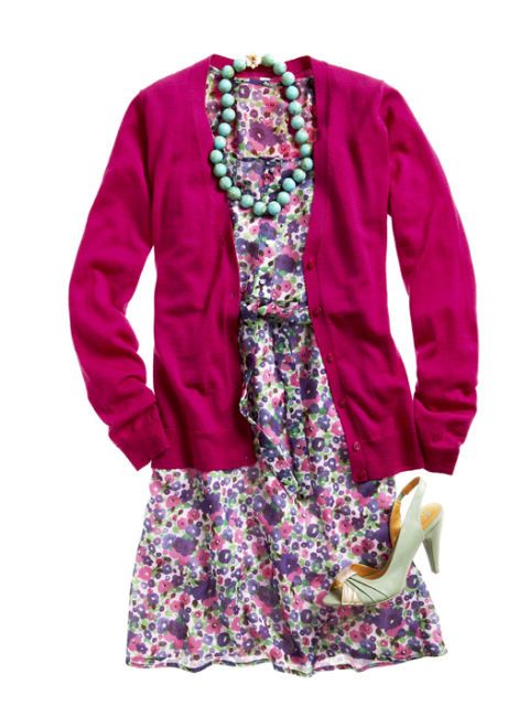 pink cardigan with floral chiffon dress