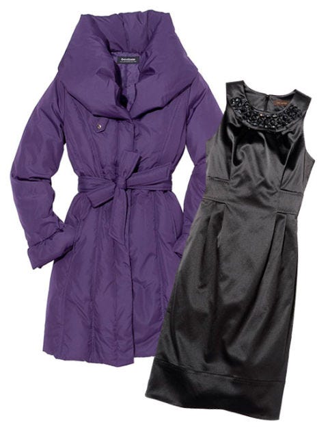Stay warm, look skinny down feather coat and beaded tank dress