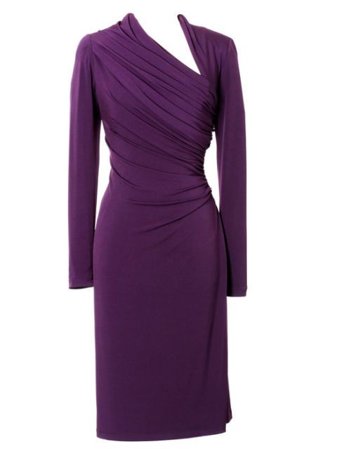 purple drapey dress with asymmetrical neckline