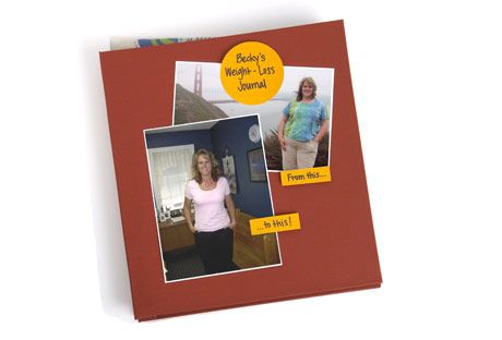 scrapbook with before and after photo of becky shultz