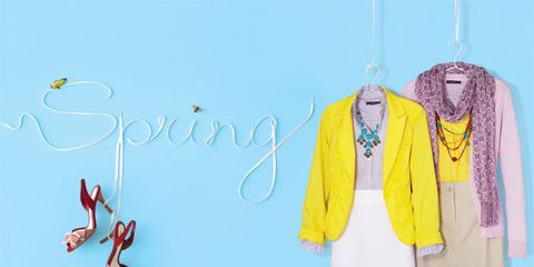 spring cardigans and skirts against a blue background