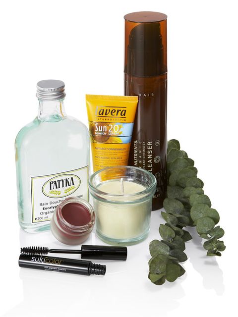 natural makeup shampoo sunscreen body wash candle and eucalyptus