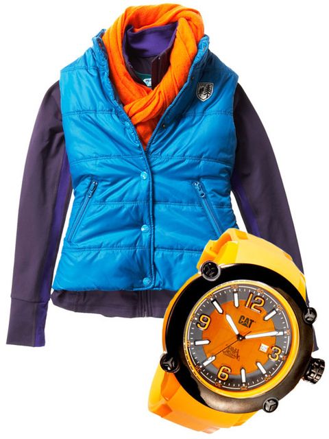 puffer vest and watch
