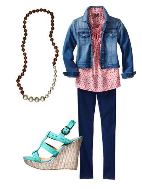 jean jacket and print blouse