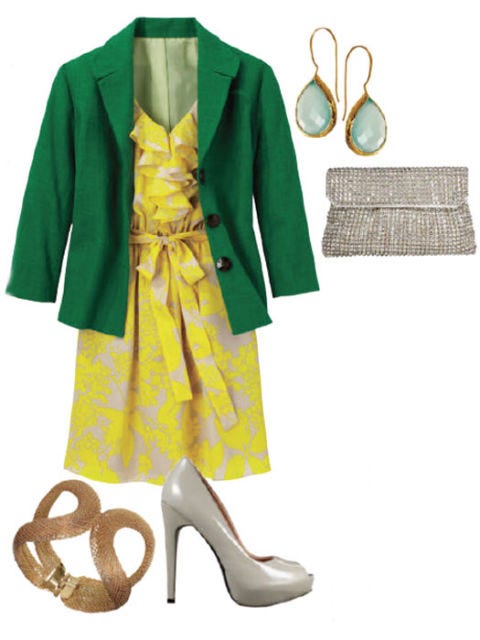 Go full-on feminine green jacket outfit idea