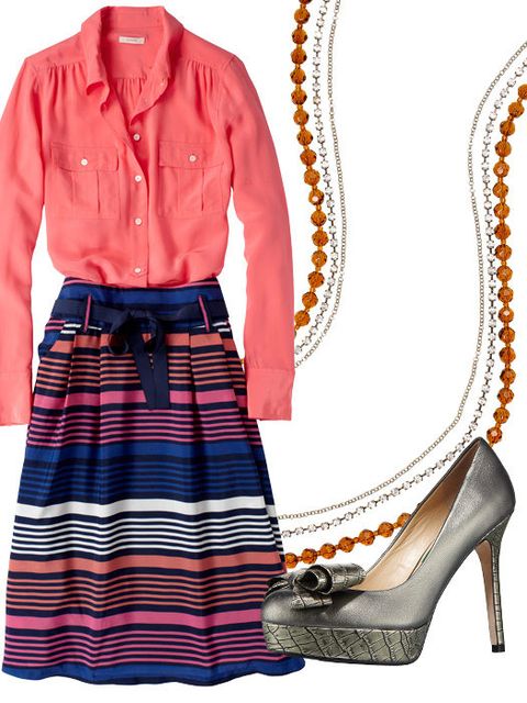 striped skirt and silver shoes