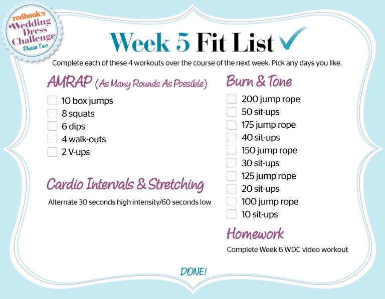 Wedding Dress Challenge Phase 2 Week 6 Workout Wdc Week 5 Phase 2 Fit List Workout Check Wedding