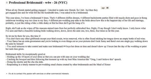 Craigslist Ad For Professional Bridesmaid Professional
