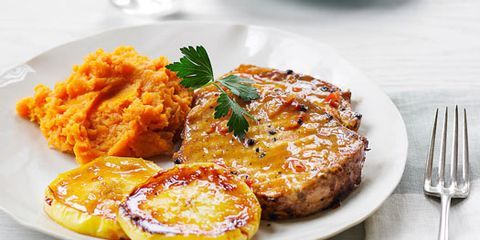 Grilled Pork with Glazed Apples and Yam Mash Recipe