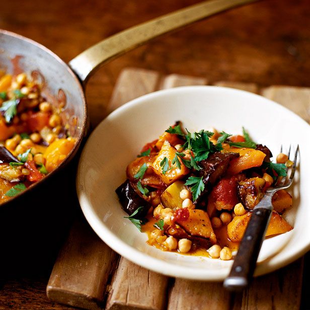 Butternut squash soup recipe with aubergine and chickpea