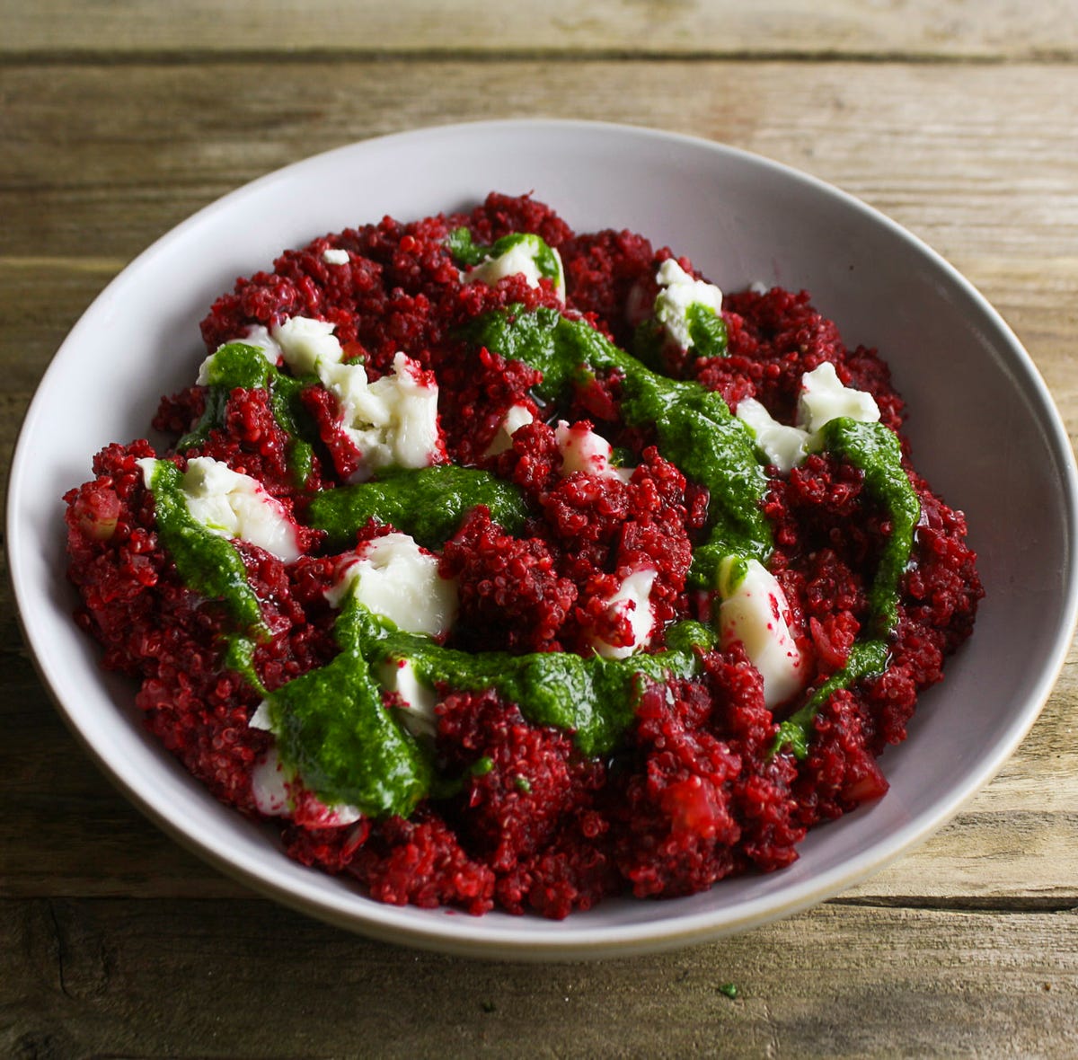 image of Hemsley + Hemsley Quinoa Goat’s Cheese Beetroot Risotto With Parsley Lemon Oil recipe by Red Online