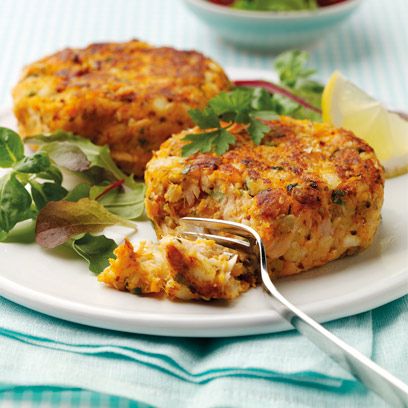 Salmon, sweet potato & coriander fishcakes with tahini dressing recipe |  BBC Good Food