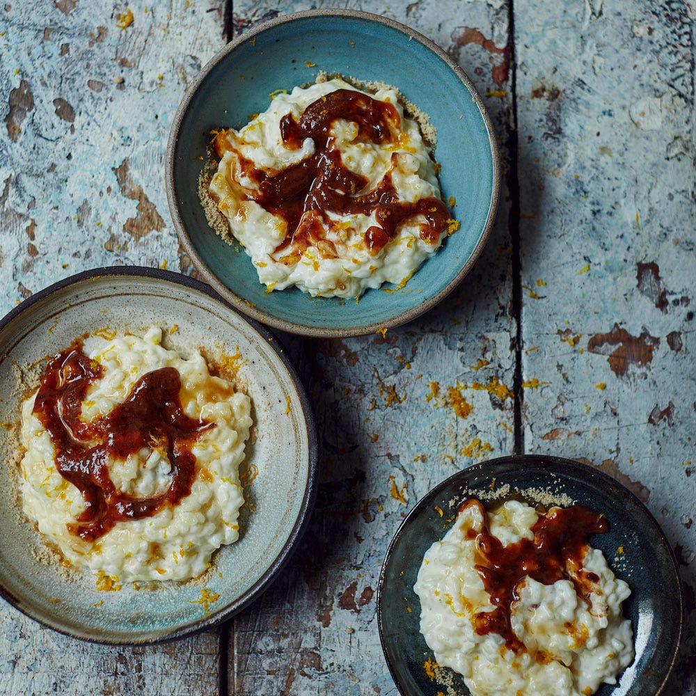 image of Creamy Rice Pudding With Sherry and Rosemary Poached Prunes recipe by Red Online