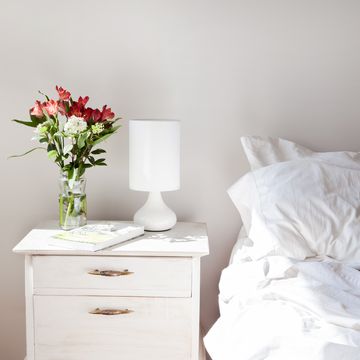 White, Nightstand, Furniture, Room, Bedroom, Red, Chest of drawers, Table, Interior design, Drawer, 