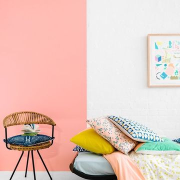 Room, Furniture, Green, Pink, Yellow, Orange, Turquoise, Table, Interior design, Living room, 