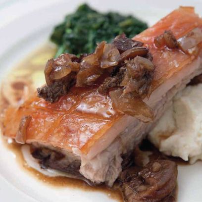 Slow roasted pork belly with glazed chestnuts and radicchio recipe