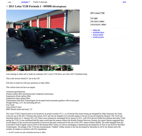 There S A 2011 Lotus F1 Car For Sale On Craigslist In Alabama