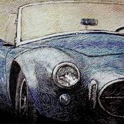 Automotive design, Classic car, Headlamp, Hood, Art, Automotive lighting, Paint, Classic, Drawing, Illustration, 