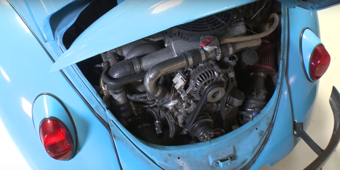 <p>Owing to their ubiquitousness, people have stuffed pretty much every engine imaginable into the back of a Beetle, but this <a href="http://www.roadandtrack.com/car-culture/videos/a30212/a-rotary-turbo-vw-beetle/" target="_blank">13B-rotary powered Beetle</a> might be the coolest. This one makes at least 250 horsepower and runs the quarter mile in the 10s.</p>
