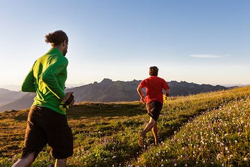 Sky, Mountainous landforms, Recreation, Landscape, People in nature, Hill, Outdoor recreation, Jogging, Running, Morning, 