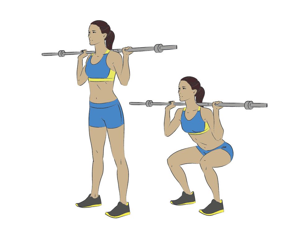 Shoulder, Exercise equipment, Cartoon, Arm, Joint, Standing, Barbell, Overhead press, Gym, Human leg, 