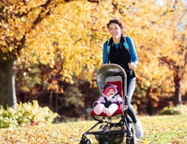 Product, Baby carriage, Autumn, Leaf, Tree, Baby Products, Grass, Sitting, Plant, Happy, 