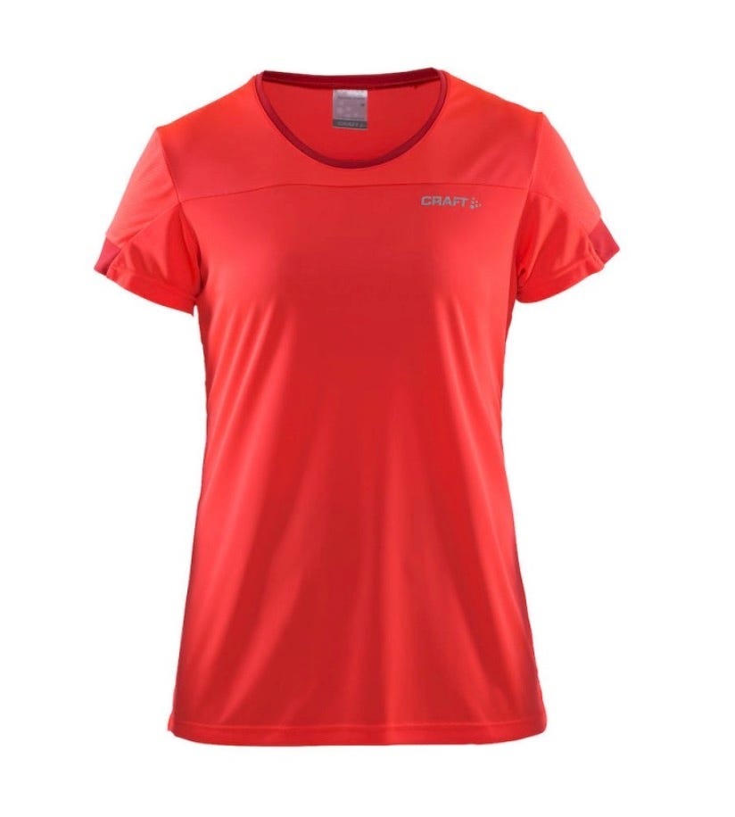 Clothing, T-shirt, Red, Orange, Sleeve, Active shirt, Pink, Neck, Top, Sportswear, 