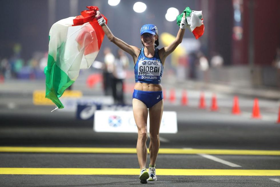 Eleonora Giorgi al traguardo della 50 km dei Mondiali di Doha 2019 dove ha conquistato il bronzo ( )