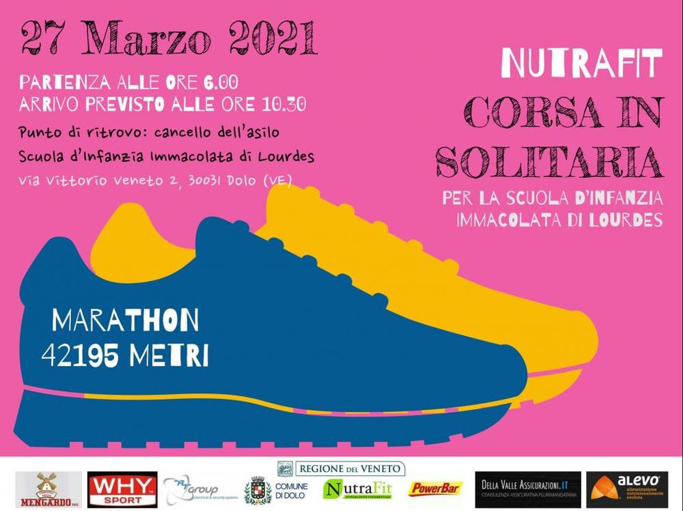 Il manifesto della corsa in solitaria di Francesco Artusi per raccogliere fondi a favore della scuola per l'infanzia del figlio.