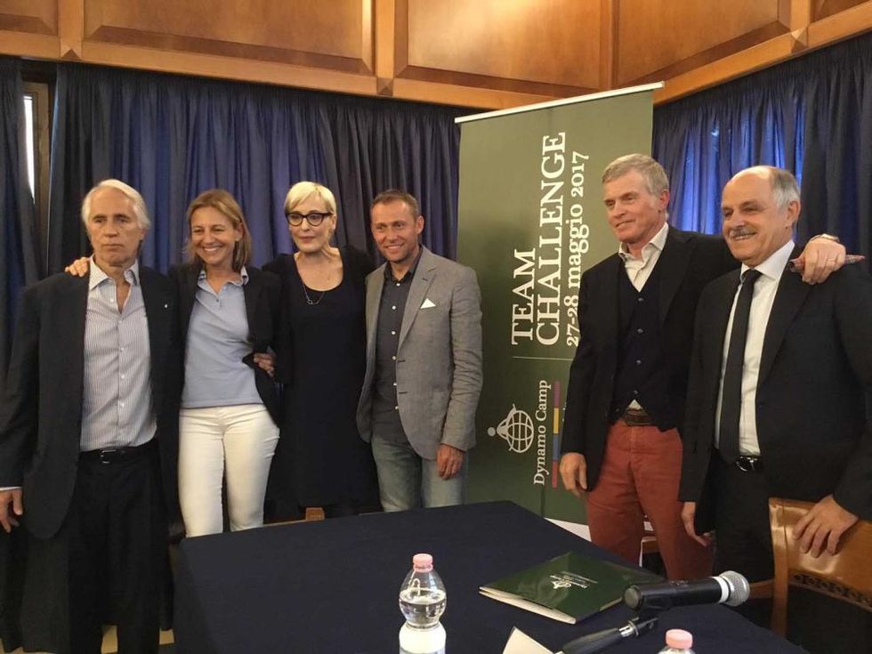 Un momento della presentazione di Dynamo Team Challenge, presente anche il campione olimpico di maratona Stefano Baldini, oltre a Giovanni Malagò (Presidente del Coni), Renato Di Rocco (Presidente di Federciclismo), Giovanni Bruno (condirettore di SKY SPORT HD), insieme a Serena Porcari (CEO della Fondazione Dynamo)