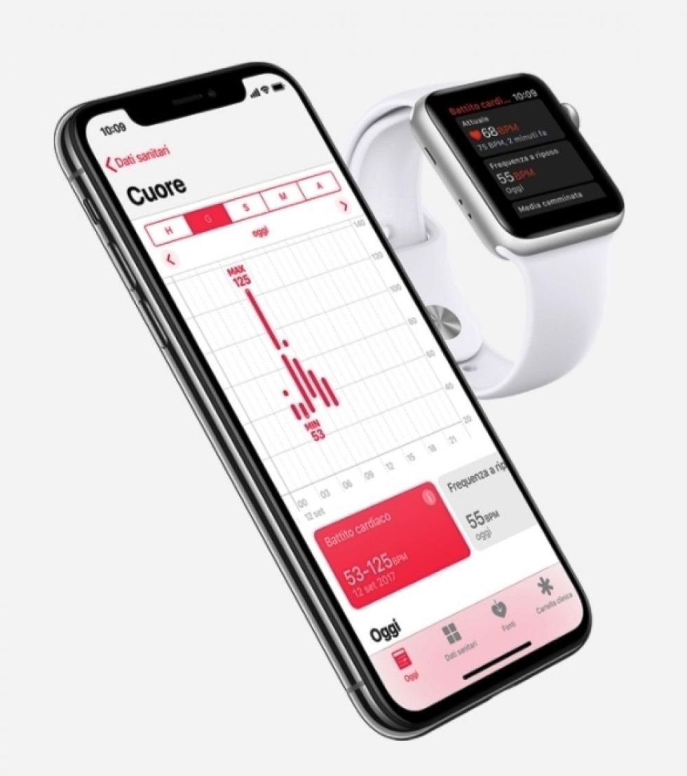 Con l'app Battito Cardiaco puoi vedere anche la tua frequenza cardiaca a riposo, durante una camminata, la respirazione, l'allenamento e il recupero nel corso di tutta la giornata. Qui abbinato al nuovo iPhone X in uscita a novembre