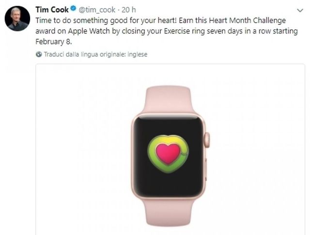 Il twit con cui il CEO di Apple, Tim Cook, chiede a chi possiede un Apple Watch di... "fare qualcosa di buono per il tuo cuore"