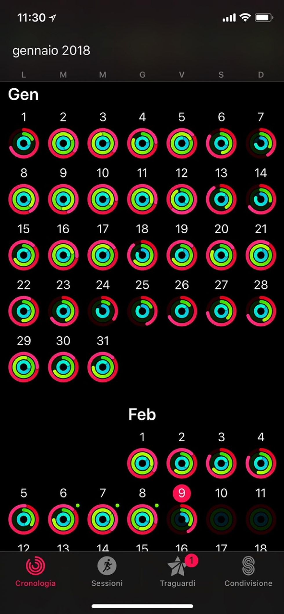 La cronologia dei miei anelli di attività. Ultimamente avevo un po' battuto la fiacca (anche a causa di un'influenza) ma dall'8 di febbraio il mio anello verde è completo