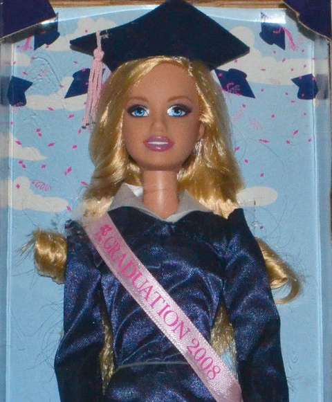 Doll, Toy, Headgear, Costume accessory, Mortarboard, Wig, Barbie, Artificial hair integrations, Blond, Scholar, 