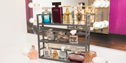 Brown, Shelving, Peach, Bottle, Perfume, Collection, Beige, Glass bottle, Cosmetics, Shelf, 