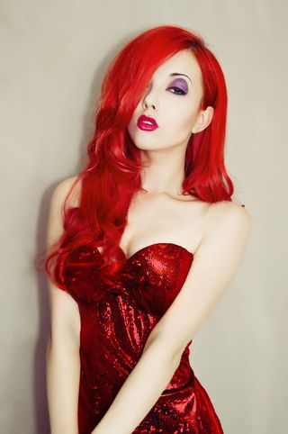 Lip, Hairstyle, Shoulder, Red, Dress, Style, Red hair, Strapless dress, Eyelash, Beauty, 
