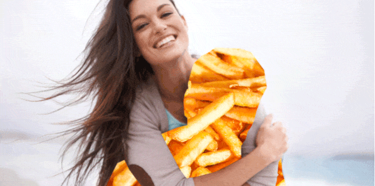 Food, Fried food, Orange, Happy, Deep frying, Facial expression, French fries, Amber, Dish, Side dish, 