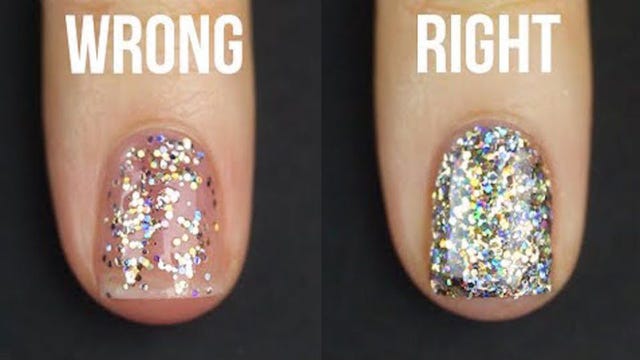 Nail, Nail polish, Glitter, Finger, Nail care, Manicure, Fashion accessory, Yellow, Purple, Cosmetics, 