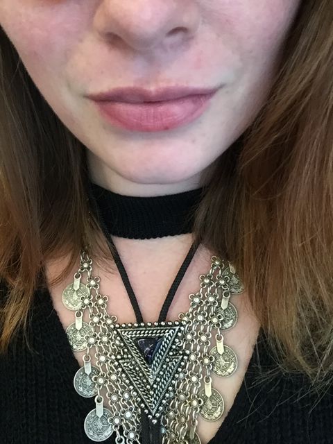 Hair, Face, Lip, Necklace, Neck, Chin, Cheek, Jewellery, Fashion accessory, Selfie, 